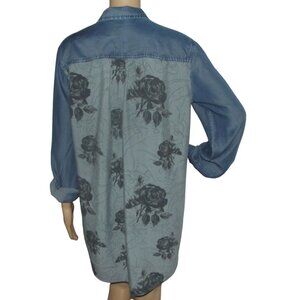 Natural Reflections Shirt Sz Large blue chambray Gray Striped Floral Back tunic